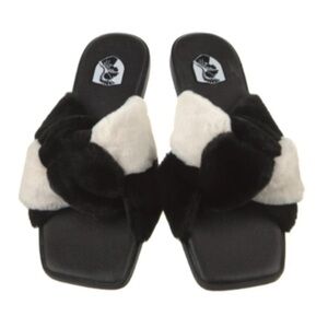 VHNY (Vivienne Hu) Criss Cross Faux Fur Slides in Black & White - Size 38